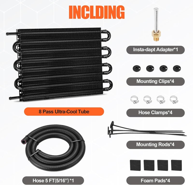 FILTERUP Upgrade 8 Pass Aluminium Transmission Oil Cooler, 5/16" Universal 8 Rows Tube and Fin Cooler Kit Engine with Hose Mounting - Image 2